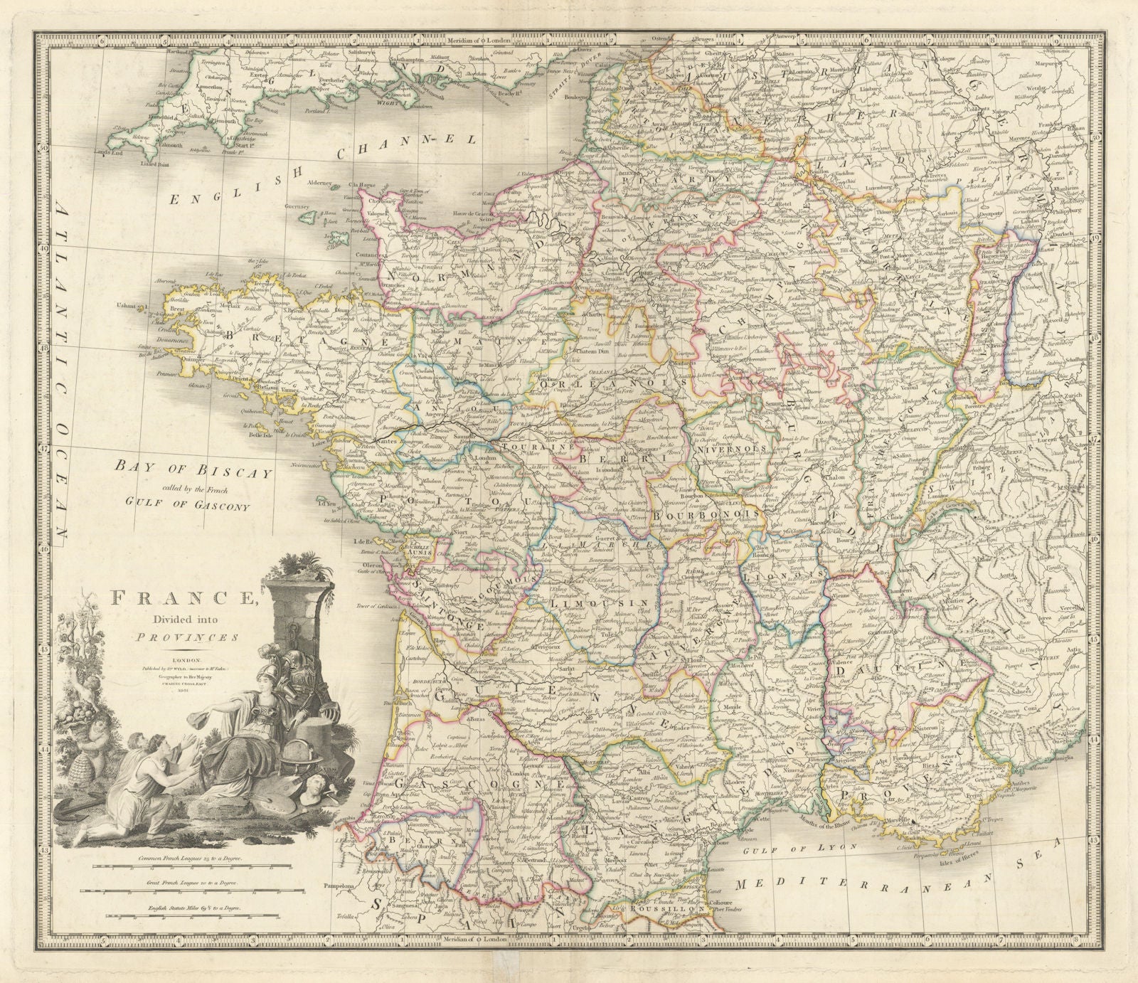 France divided into Provinces by James Wyld 1841 old antique map plan chart